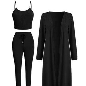 3 Piece Ripped Crop Top Pant And Cardigan Set Black Small